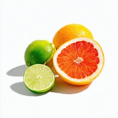 Close-up of citrus fruits, including limes, oranges, and grapefruit, arranged on a white surface