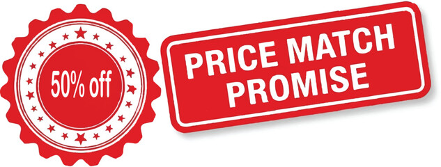 50% off and Price Match Promise Red Sale Badges | Discount Offer and Price Guarantee Marketing Promotion