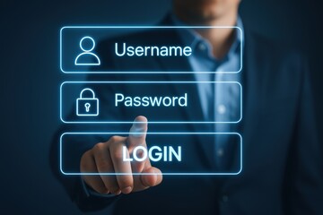 A person's finger touches a login button on a digital interface.