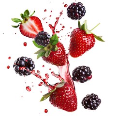 Fresh strawberries and blackberries in mid-air, surrounded by splashes of juice, against a white background