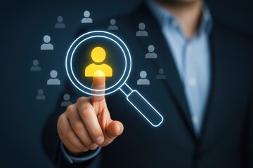 A hand points to a highlighted person icon within a magnifying glass.