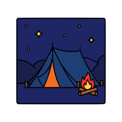 Flat vector art showing a campsite at night, featuring a burning campfire, tent, stars, and dark hills