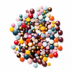 Assorted colorful pills and tablets scattered on a white background