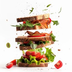 A multi-layered sandwich explodes into the air