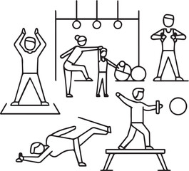 Dynamic vector illustration of people exercising in a modern gym setting, promoting fitness, health, and active lifestyle goals for commercial use
