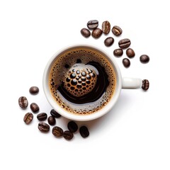 Overhead view of a white coffee cup filled with dark coffee, surrounded by coffee beans