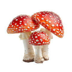 Obraz premium Vibrant Red Mushrooms: An eye-catching array of three vividly colored, speckled mushrooms. Displayed against a crisp backdrop, emphasizing their unique texture and striking beauty.