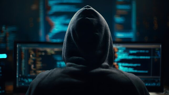Anonymous hacker in hoodie coding on multiple monitors in dark cyber security environment
