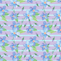 Seamless blue flower pattern on striped background. Forget-me-not endless backdrop. Hand drawn floral watercolor repeating illustration for textile, wrapping, wallpaper, fabric, paper, cover, decor