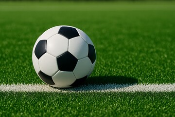 Fototapeta premium A classic black and white soccer ball rests poised on the vibrant green grass field with white line.