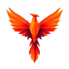 Stylized, polygonal phoenix bird with vibrant red and orange feathers, set on white