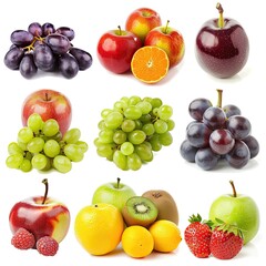 Nine colorful fresh fruits, isolated on white
