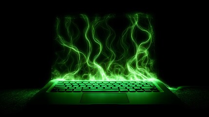 Glowing green digital veins emerging from laptop screen in dark background
