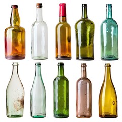 Assorted vintage glass bottles, various colors and shapes, isolated on white
