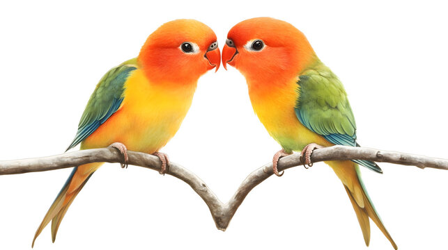 Colorful parakeets on branch isolated background