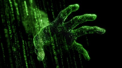 Glowing green digital hand emerging from matrix code background
