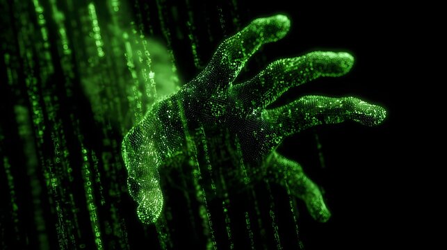 Glowing green digital hand emerging from matrix code background
