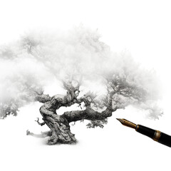 Artistic Depiction: A majestic ancient tree takes form through the deft strokes of a pen, creating a captivating illustration that evokes a sense of history.