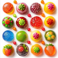 Colorful, round, sweet treats arranged in a grid pattern