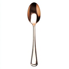 Rose gold colored spoon, angled slightly, isolated against white background