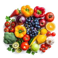 Colorful assortment of fresh fruits and vegetables arranged in a circle