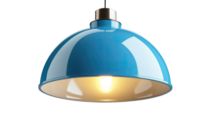 sleek blue dome pendant light glowing warmly on white background