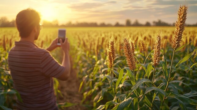 Young man Holding smartphone in hand and taking photo at jowar grain or sorghum field