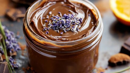 A homemade chocolate nut butter with lavender as a topping, presented in an artisanal vintage jar. Sugar substitute available.