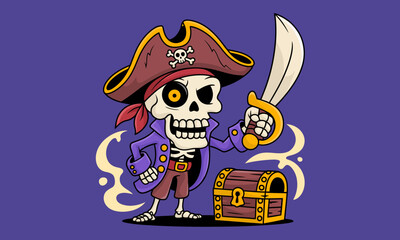 An eye-catching stylized pirate skeleton poses boldly with a sword in hand, while a treasure chest sits nearby, illustrating themes of adventure and fun.