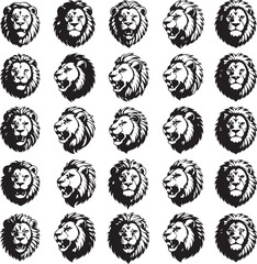 Grid of twenty-five black and white graphic illustrations of lion heads in various poses vector