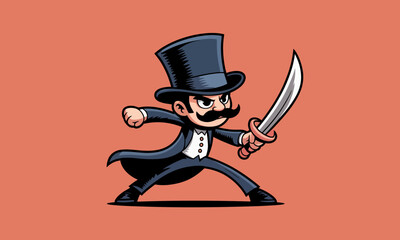 A heroic character dressed in formal wear with a top hat is depicted brandishing a sword, conveying a sense of adventure, courage, and daring undertakings ready to embark on.
