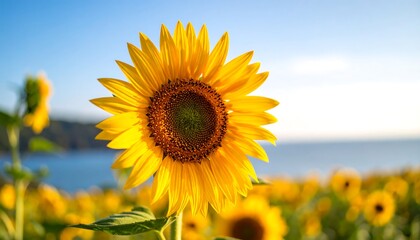 Fototapeta premium Close-up of a vibrant sunflower against a backdrop of a field and water.