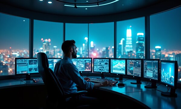 A man works intensely at a multi-monitor workstation overlooking a sprawling cityscape at night from a high-rise office.