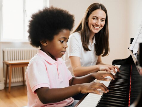 music student enjoying piano lesson with cheerful instructor | music lesson, education, school, childhood, development theme - Powered by Adobe