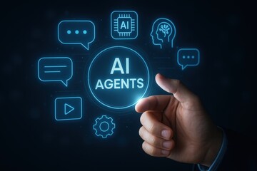 Hand interacting with glowing digital icons representing AI agents.