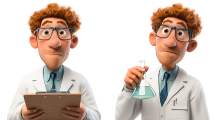 Cartoon scientist with clipboard and flask