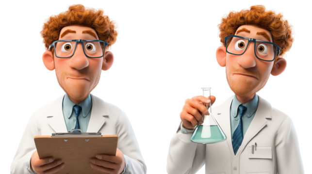 Cartoon scientist with clipboard and flask - Powered by Adobe