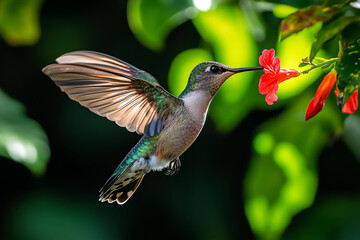 Fototapeta premium Wild Hummingbird Feeding on Scarlet Flower in Green Foliage