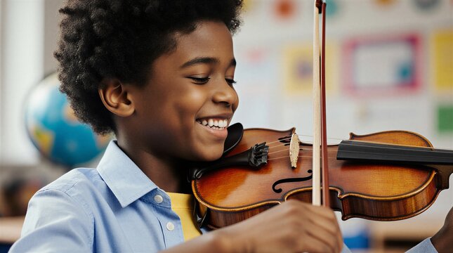 happy african boy playing violin during music lesson at home | music lesson, education, childhood, home learning, instrumental practice theme