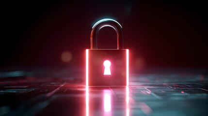 Glowing red padlock symbol on futuristic digital surface representing cybersecurity protection