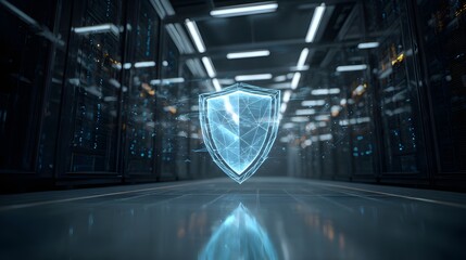 Futuristic holographic shield symbolizing cybersecurity in data server room