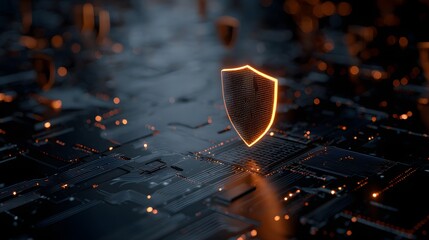 Futuristic firewall concept with glowing shield over digital circuit board