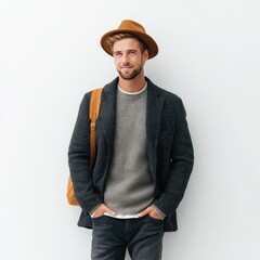Man in stylish autumnal attire against a white backdrop