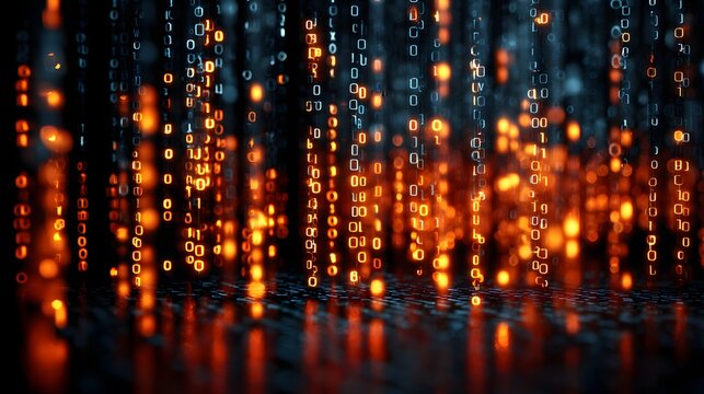 Digital matrix rain with glowing binary code in cyberspace
