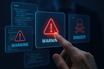 Hand touching a warning sign on a digital display.