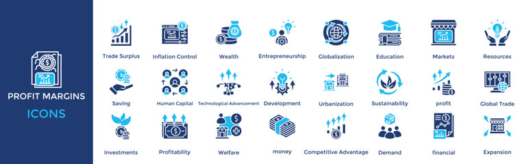 Profit Margins icon set. Containing  Wealth, Entrepreneurship, Globalization, Education, Markets, Resources, Saving