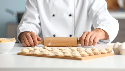 Chef rolling out dough for dumplings on a wooden board in the kitchen - culinary process