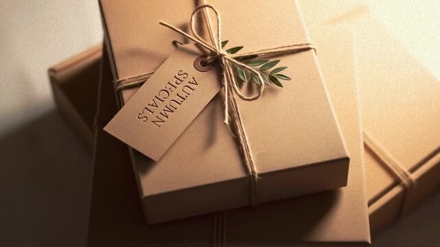 Elegant autumn presents stacked with 'Autumn Specials' tag and green sprig for seasonal gifting and promotion, creating a warm, inviting atmosphere.
