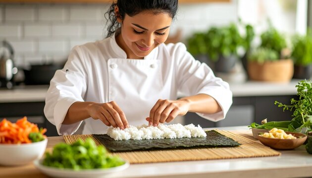A skilled female chef meticulously crafts fresh, delicious sushi rolls in a brightly lit kitchen, embodying the joy of culinary artistry and healthy food preparation at home. - Powered by Adobe