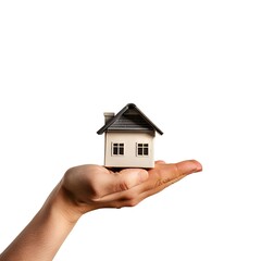 Miniature house held gently in an outstretched hand against a white background